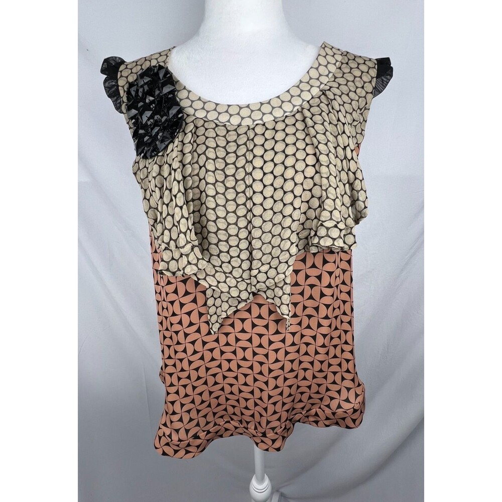 JESSUP Womens M 100% Silk Blouse Geometric Print Embellished Ruffle Y2K USA